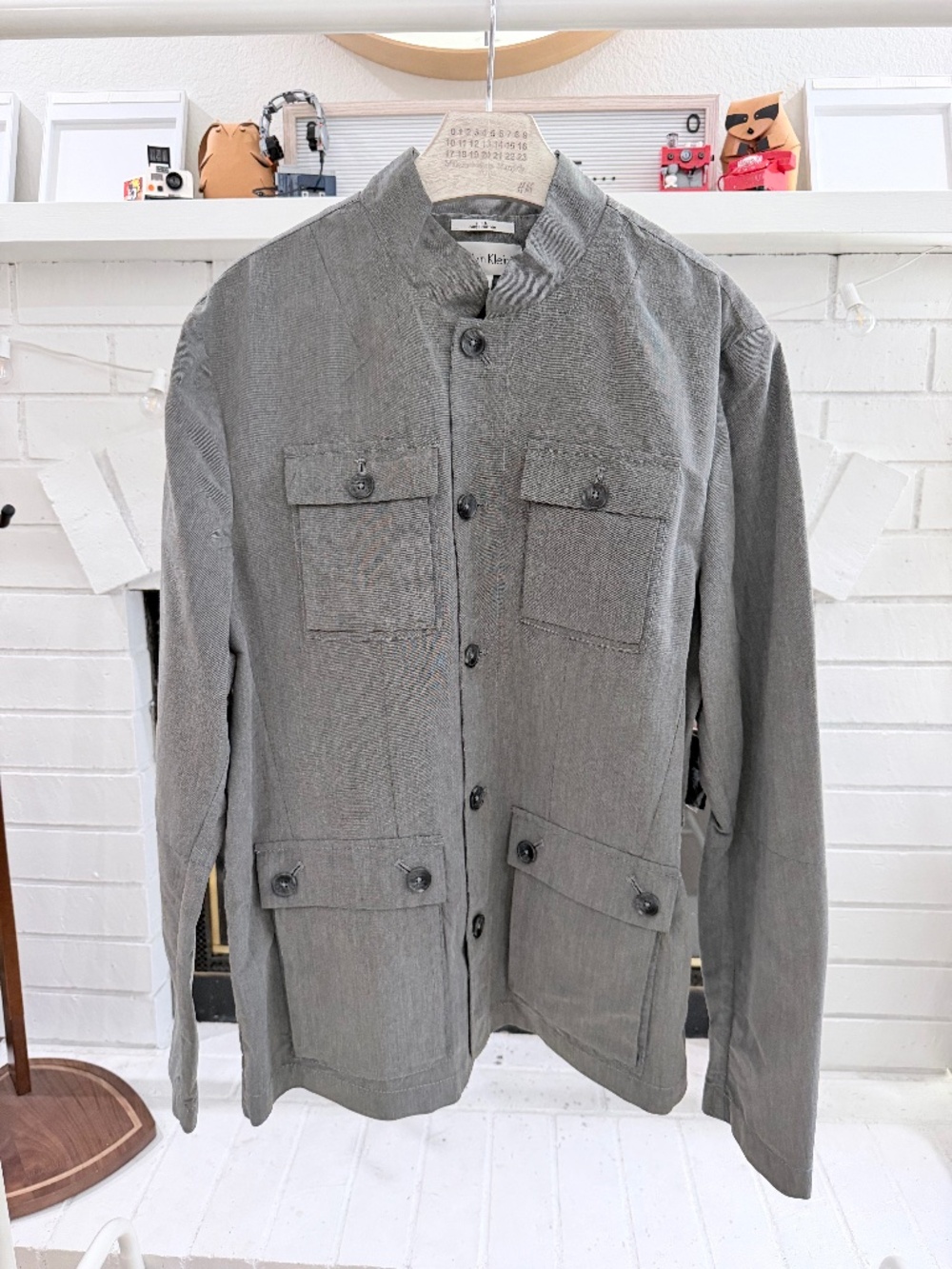 Calvin Klein Mandarin Collar Slim Fit Grey Button Up Utility Thin Blazer Jacket